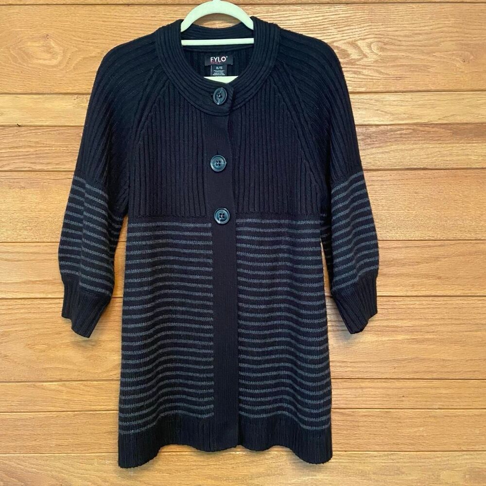 90s Y2K vintage Fylo black ribbed striped mock neck cardigan big button sweater